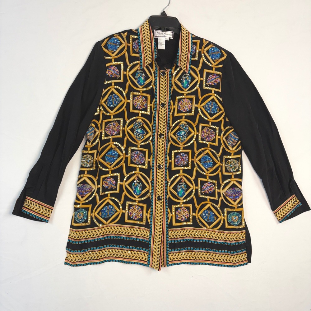 Diane Gilman Silk Sequin Button Down Shirt Black Gold Jewel Print Womens Large - Picture 3 of 8